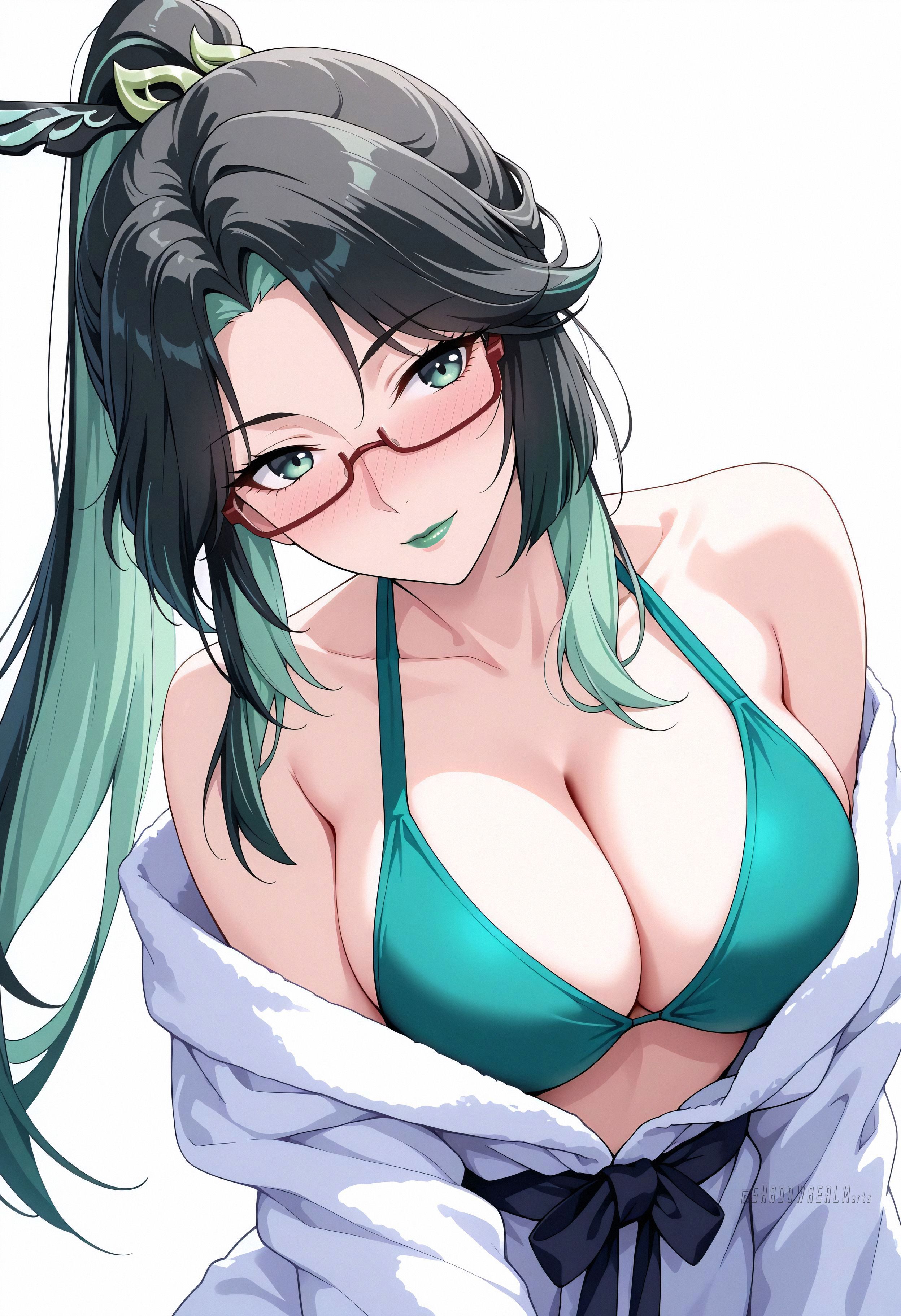 ai generated, alternate costume, aqua eyes, bare shoulders, bikini, black hair, blush, breasts, cleavage, collarbone, colored inner hair, female, fur trim, genshin impact, glasses, green bikini, green eyes, green hair, green lips, hair ornament, large breasts, long hair, looking at viewer, makeup, multicolored hair, off shoulder, ponytail, red-framed eyewear, semi-rimless eyewear, shadowrealmarts, simple background, smile, solo, swimsuit, two-tone hair, uncensored, upper body, very long hair, white background, xianyun (genshin impact)