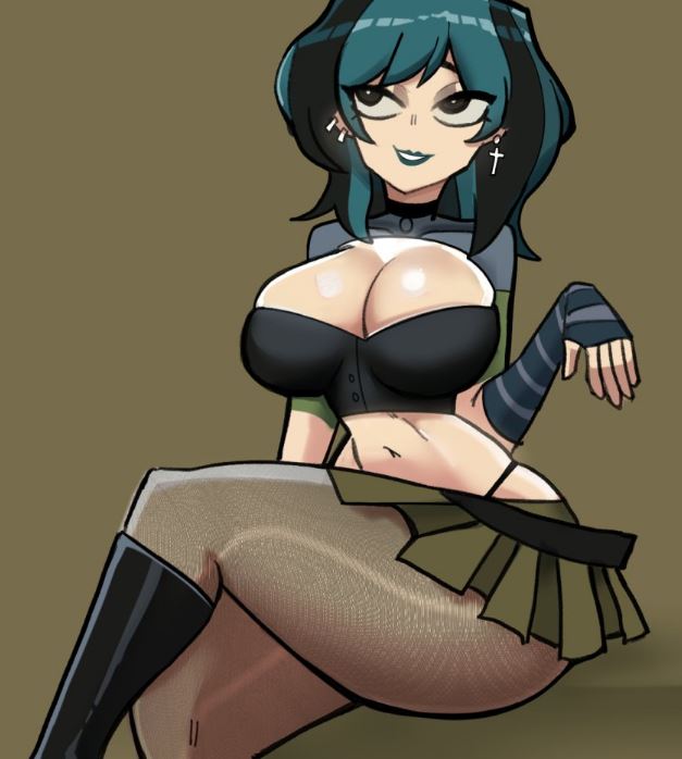 artist request, black hair, boots, breasts, cartoon network, cleavage, crossed legs, female, fingerless gloves, gloves, gwen (tdi), jewelry, knee boots, large breasts, makeup, microskirt, midriff, miniskirt, multicolored hair, navel, pantyhose, pleated skirt, sitting, skirt, smile, solo, thick thighs, total drama (series), total drama island