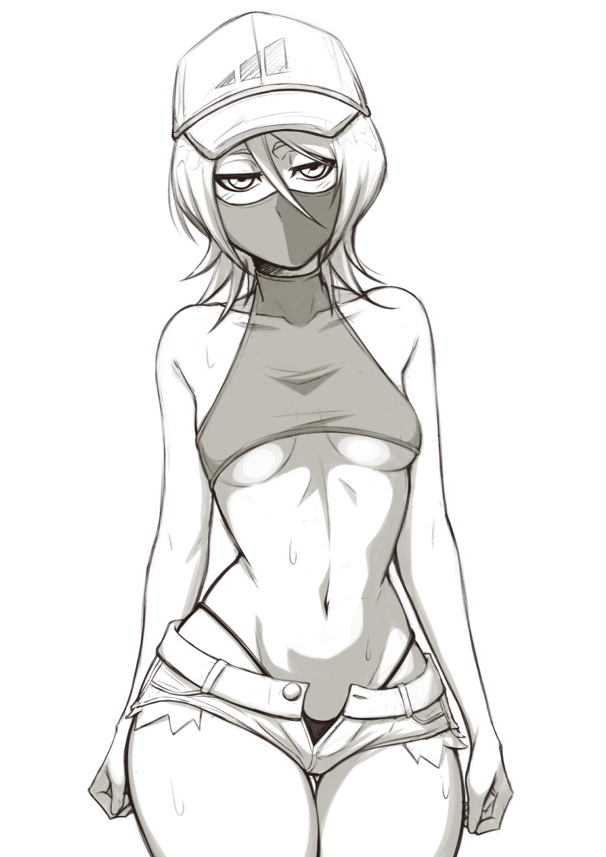 1girls, bleach, blushing, breasts, cap, crop top, denim shorts, face mask, female, female only, kuchiki rukia, looking at viewer, mask, masked, masked female, midriff, mistowing, monochrome, shorts, skimpy bikini, skimpy clothes, solo, sweat, sweatdrop, sweating, sweaty, thighs, thong, thong bikini, tight clothing, underboob