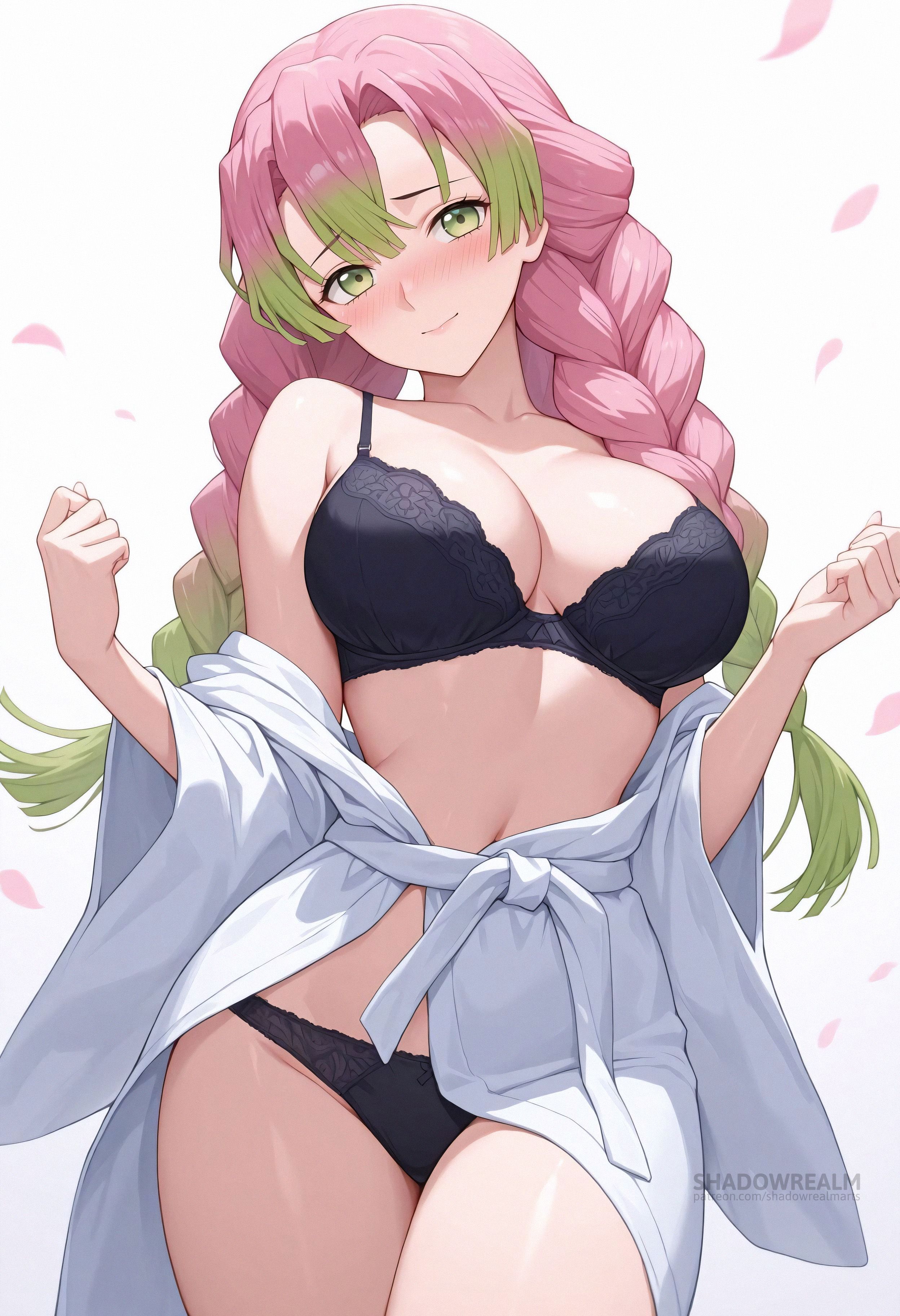 ai generated, bare shoulders, black bra, black panties, blush, bra, braid, breasts, cleavage, closed mouth, collarbone, cowboy shot, demon slayer, female, gradient hair, green eyes, green hair, japanese clothes, kanroji mitsuri, kimono, large breasts, long hair, long sleeves, looking at viewer, mole, mole under eye, multicolored hair, navel, off shoulder, panties, petals, pink hair, shadowrealmarts, simple background, smile, solo, stomach, thighs, twin braids, two-tone hair, uncensored, underwear, white background