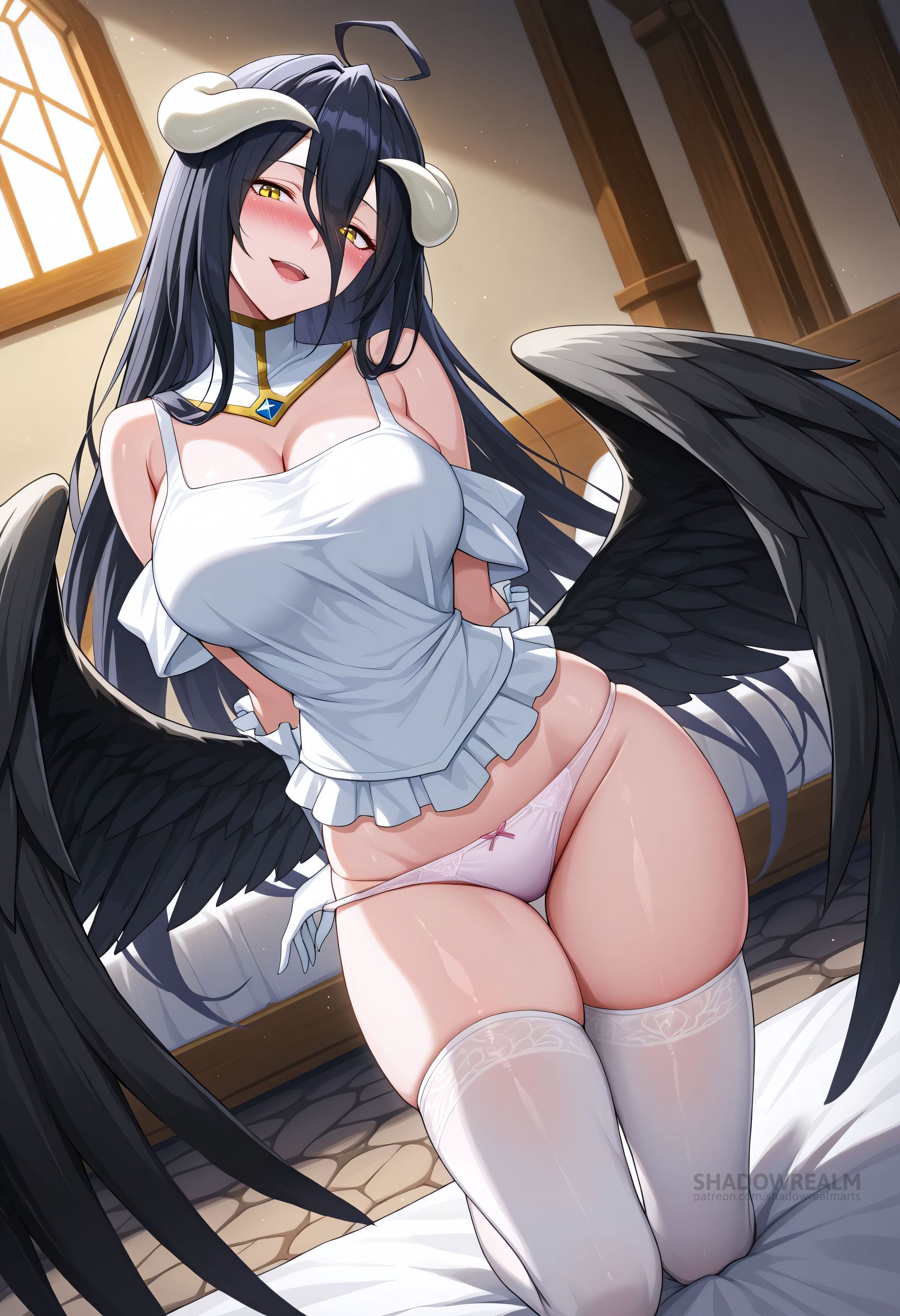 ahoge, ai generated, albedo (overlord), apron, arms behind back, bare shoulders, black hair, black wings, blush, breasts, cleavage, demon, demon girl, demon horns, detached collar, feathered wings, female, gloves, hair between eyes, horns, indoors, kneeling, large breasts, long hair, looking at viewer, low wings, on bed, open mouth, overlord (maruyama), panties, pink panties, shadowrealmarts, slit pupils, smile, solo, thighhighs, thighs, uncensored, underwear, very long hair, white gloves, white horns, white panties, white thighhighs, window, wings, yellow eyes