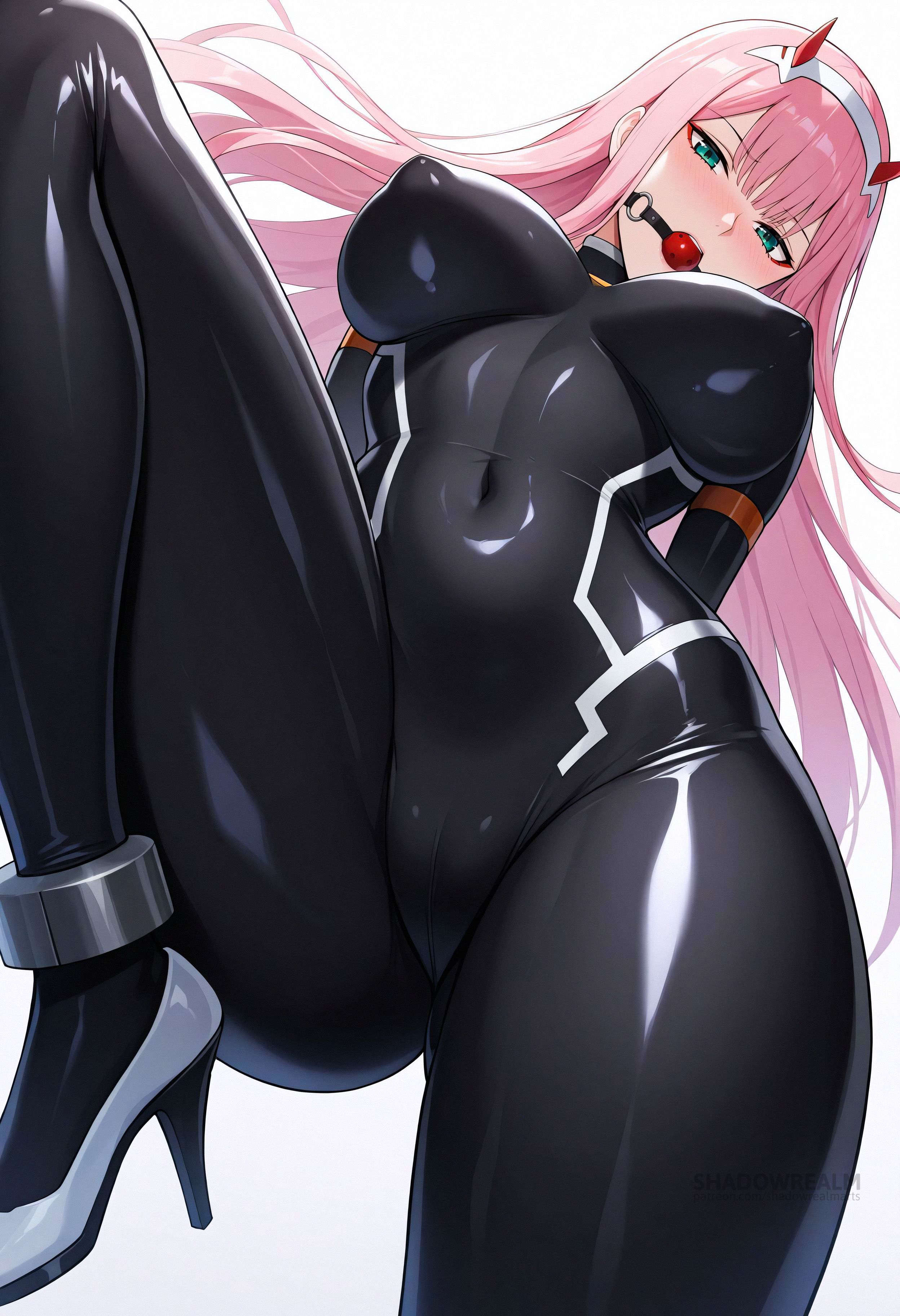 ai generated, ball gag, black bodysuit, blush, bodysuit, bondage, bound, breasts, cameltoe, covered navel, covered nipples, darling in the franxx, female, from below, gag, gagged, green eyes, hairband, high heels, horns, impossible bodysuit, large breasts, latex bodysuit, long hair, looking at viewer, pilot suit, pink hair, pussy, shadowrealmarts, shiny clothes, simple background, skin tight, solo, uncensored, white background, white hairband, wiffle gag, zero two (darling in the franxx)