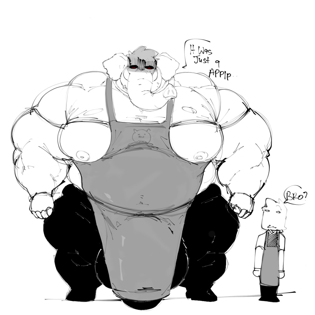 abbamusa410791, anthro, balls, bara, big balls, big bulge, big muscles, big penis, bulge, elephant, extreme size difference, flaccid, huge cock, hyper penis, male, male only, monochrome, muscles, muscular, penis, size difference, tight clothing, transformation, yaoi