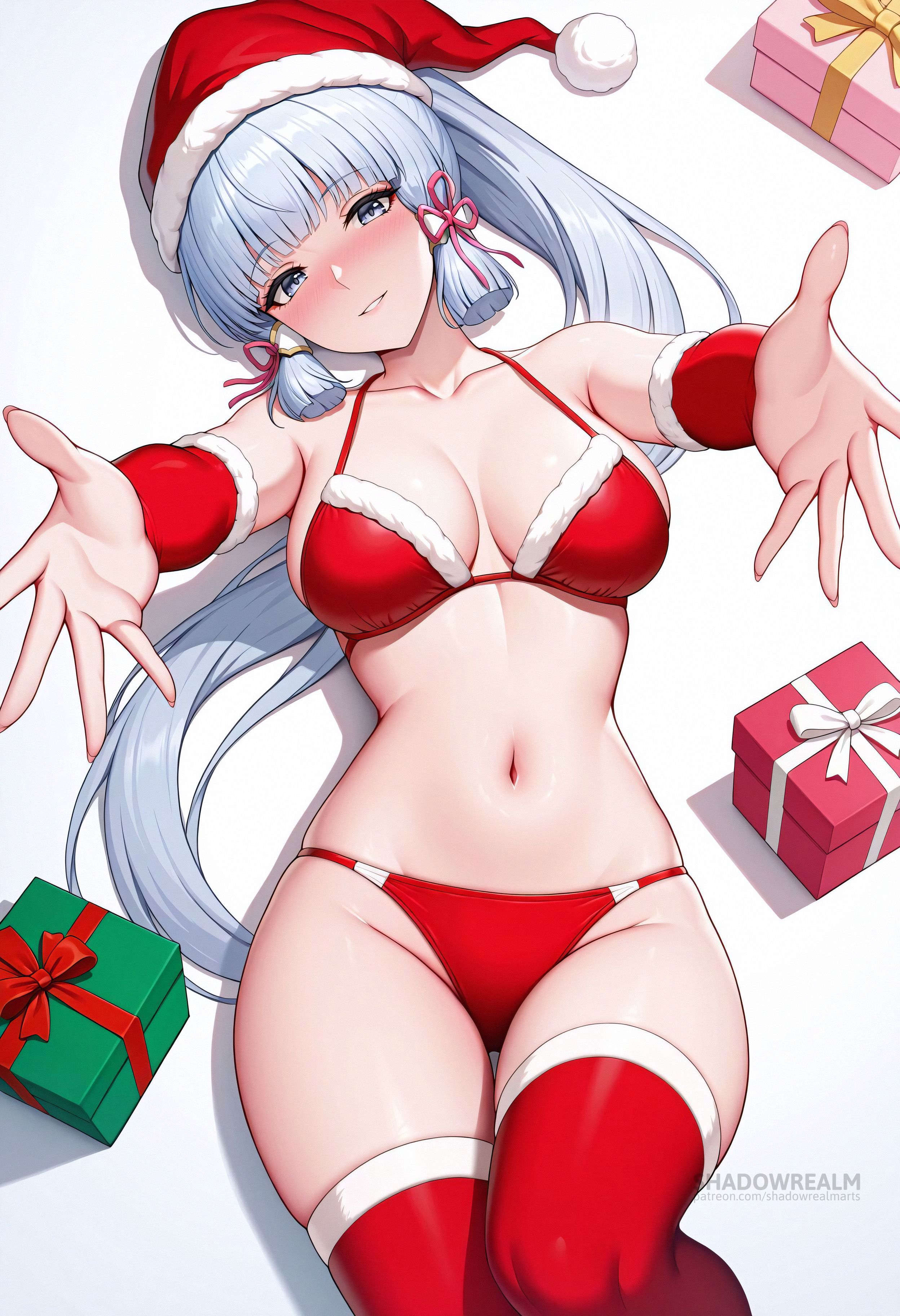 ai generated, alternate costume, bare shoulders, bikini, blue eyes, blue hair, blunt bangs, blush, box, breasts, christmas, cleavage, collarbone, detached sleeves, female, fur trim, genshin impact, gift, gift box, grey hair, hair ribbon, hat, kamisato ayaka, large breasts, light blue hair, long hair, looking at viewer, lying, medium breasts, mole, mole under eye, navel, on back, outstretched arms, parted lips, ponytail, red bikini, red headwear, red thighhighs, ribbon, santa bikini, santa costume, santa hat, shadowrealmarts, sidelocks, smile, solo, stomach, swimsuit, thighhighs, thighs, tress ribbon, uncensored