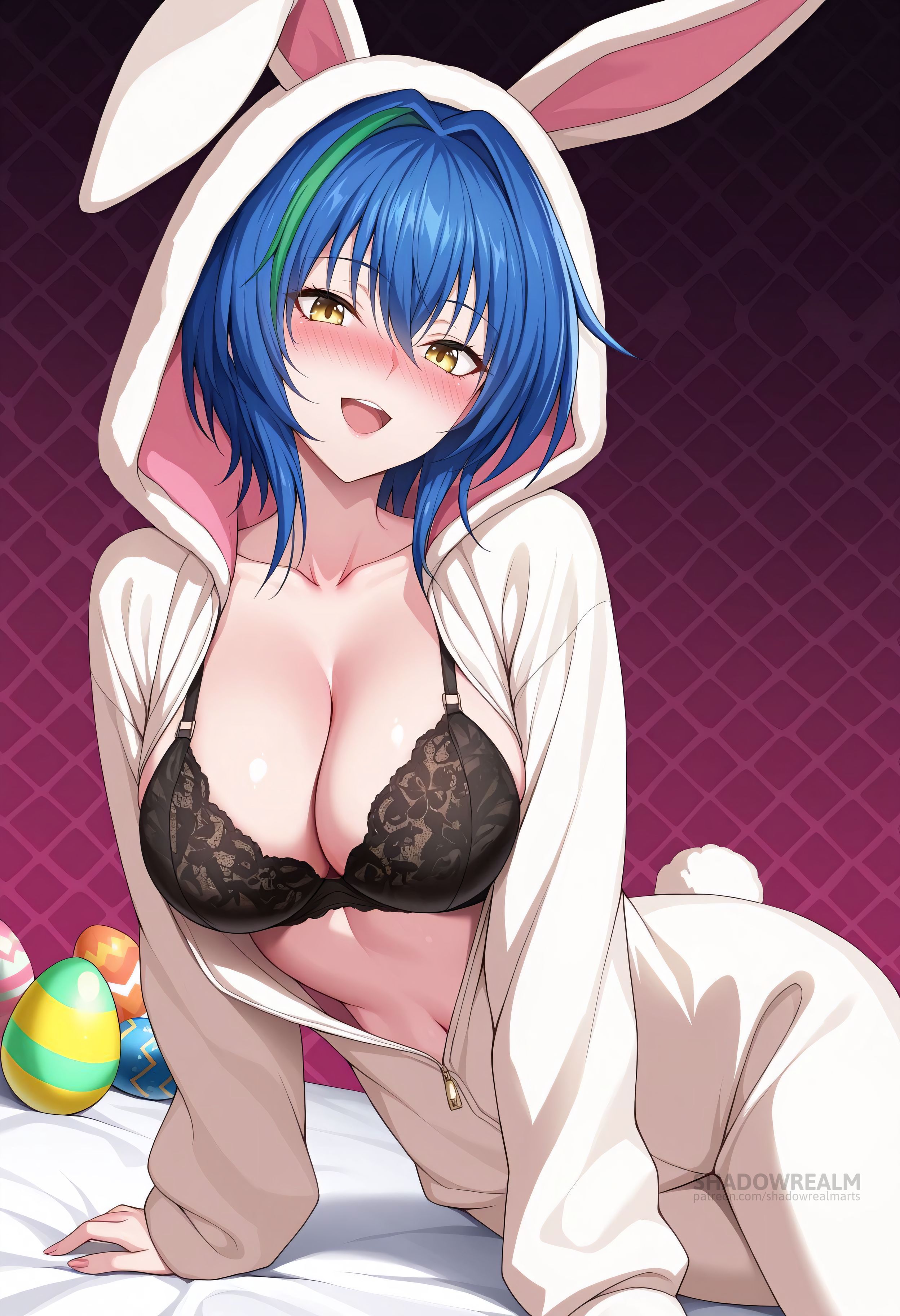 :d, ai generated, animal ears, animal hood, arm support, black bra, blue hair, blush, bra, breasts, cleavage, collarbone, easter egg, egg, fake animal ears, fake tail, female, green hair, hair between eyes, high school dxd, hood, hood up, large breasts, long sleeves, looking at viewer, multicolored hair, nail polish, navel, onesie, open clothes, open mouth, partially unzipped, rabbit costume, rabbit ears, rabbit hood, rabbit tail, shadowrealmarts, short hair, smile, solo, streaked hair, tail, teeth, two-tone hair, uncensored, underwear, upper teeth, xenovia quarta, yellow eyes