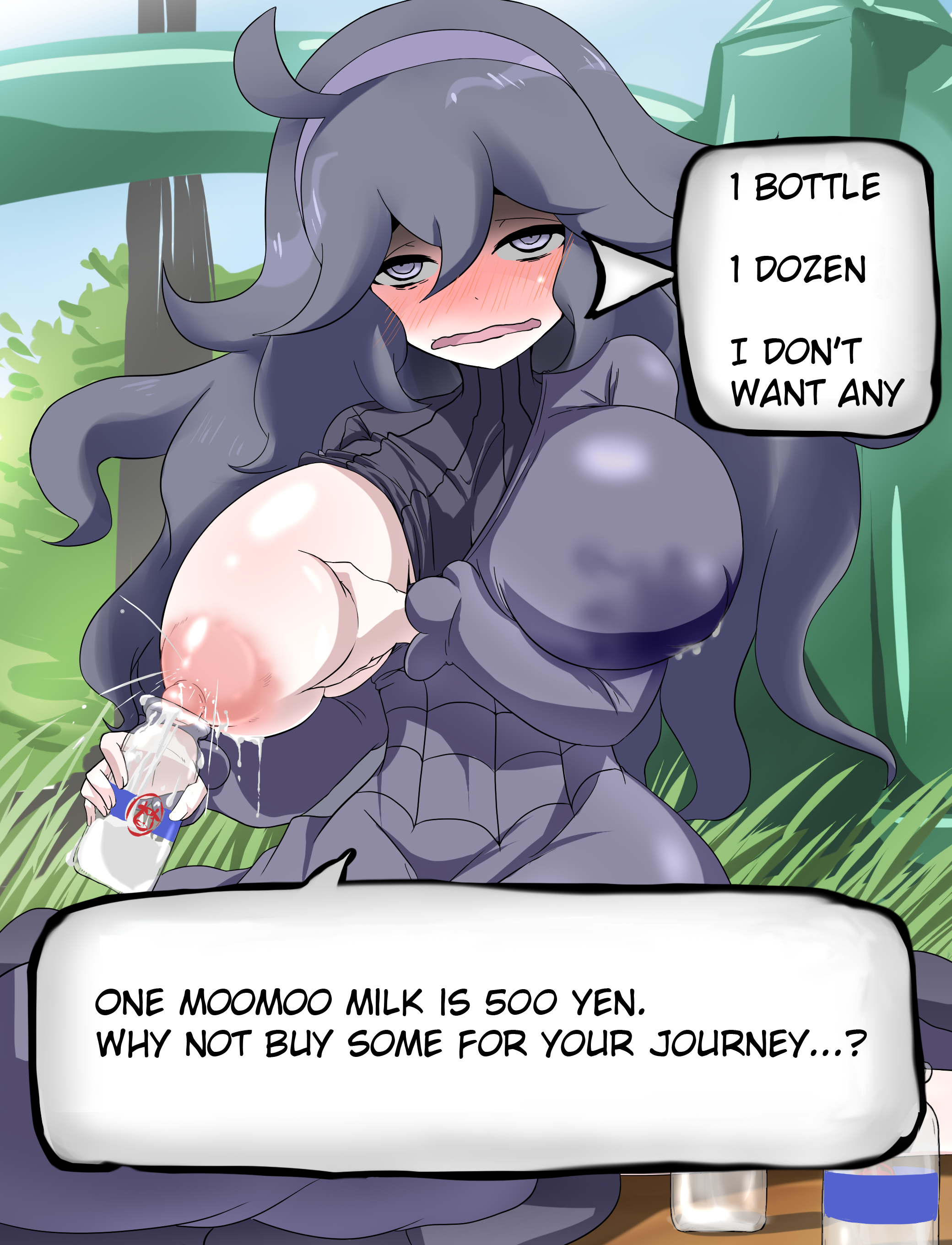 @ @, absurdres, ahe gao, ahoge, areolae, ayuayu (shouyu no sato), black hair, blush, bottle, breast hold, breast slip, breasts, bush, clothing, dress, female, grass, hairband, hard translated, hex maniac, highres, huge breasts, lactation, lactation through clothes, long hair, looking at viewer, milk, naughty face, nintendo, nipples, one breast out, open clothes, open mouth, outdoors, pale skin, pokemon, pokemon xy, purple eyes, ribbed sweater, sitting, sky, smile, solo, sweater, text, translated