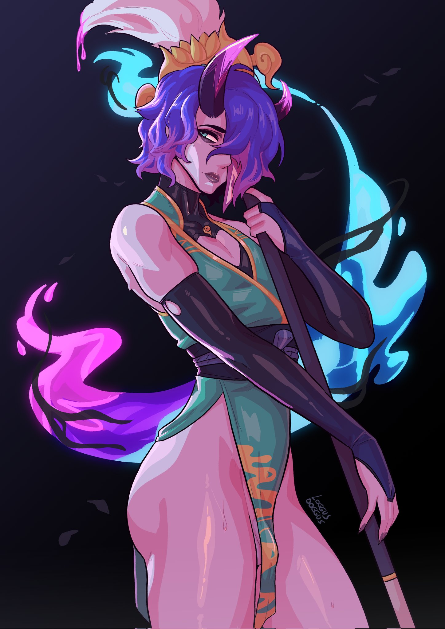 1boy, ass, bare ass, big ass, bulge, bulge through clothing, chest window, eyeshadow, femboy, gloves, horns, hwei, league of legends, loggus doggus, lukai hwei, male, male focus, male only, nail polish, no panties, no underwear, penis, penis peek, purple hair, revealing clothes, small penis, standing, sweat, sweatdrop, twink