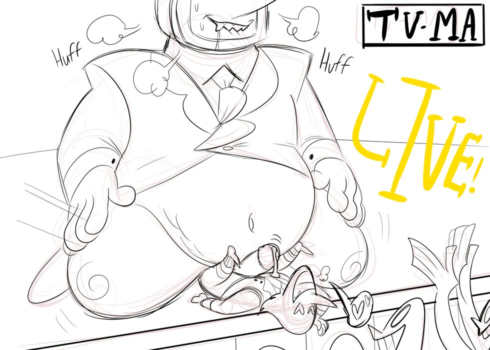 addison (deltarune), audience, big belly, deltarune, deltarune chapter 3, exhibitionism, fat, fat male, frottage, frottage through clothing, gay, line art, male, overweight, overweight male, precum drip, size difference, sketch, spamtenna, spamton g spamton, tenna (deltarune), tv head