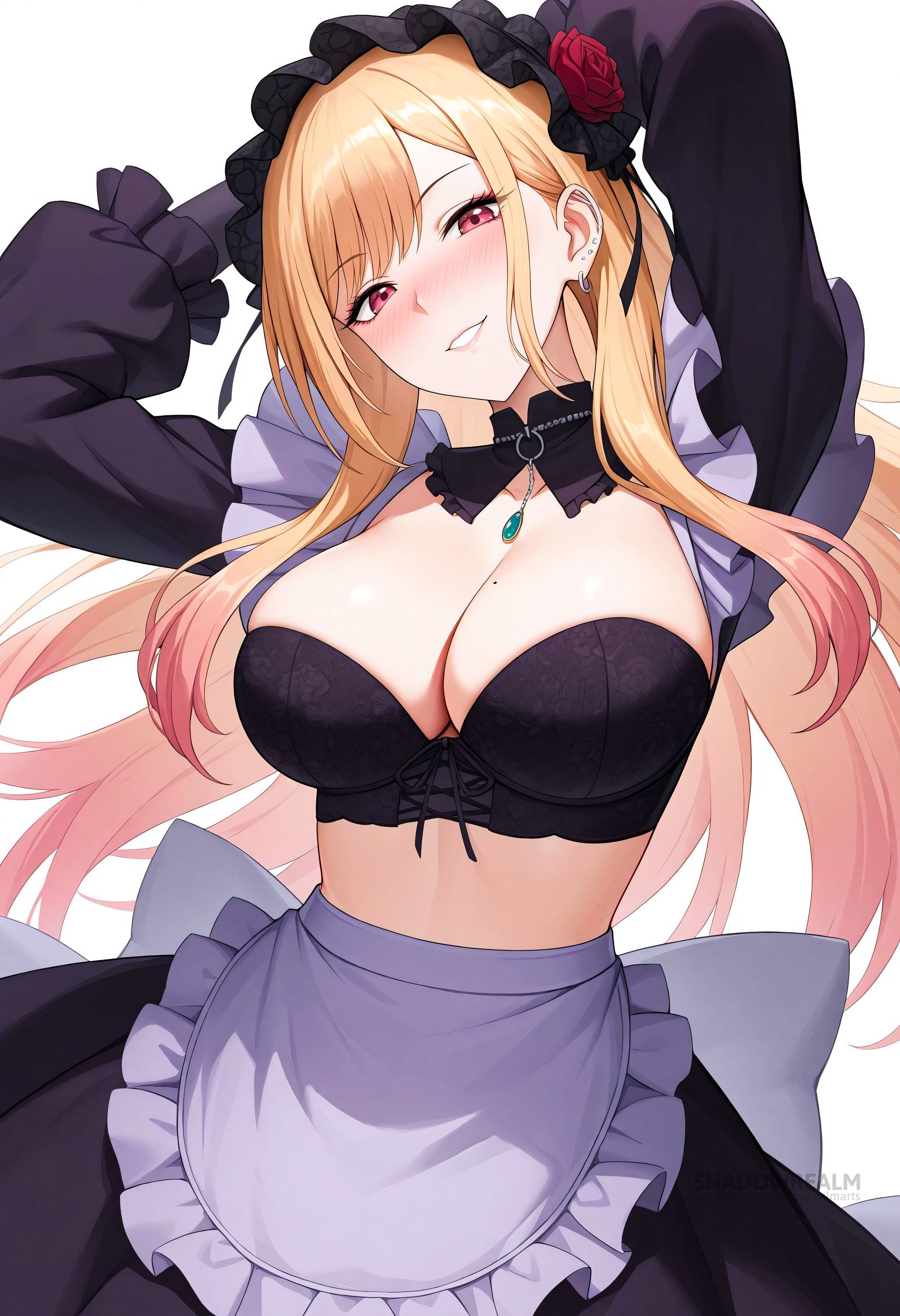 ai generated, alternate costume, apron, arms behind head, arms up, black bra, blonde hair, blush, bra, breasts, cleavage, cosplay, detached collar, ear piercing, earrings, female, flower, frilled apron, frills, gradient hair, grin, hairband, jewelry, kitagawa marin, large breasts, long hair, long sleeves, looking at viewer, maid, maid headdress, mole, mole on breast, multicolored hair, necklace, parted lips, piercing, pink hair, red eyes, rose, shadowrealmarts, simple background, skirt, smile, solo, sono bisque doll wa koi wo suru, uncensored, underwear, waist apron, white background