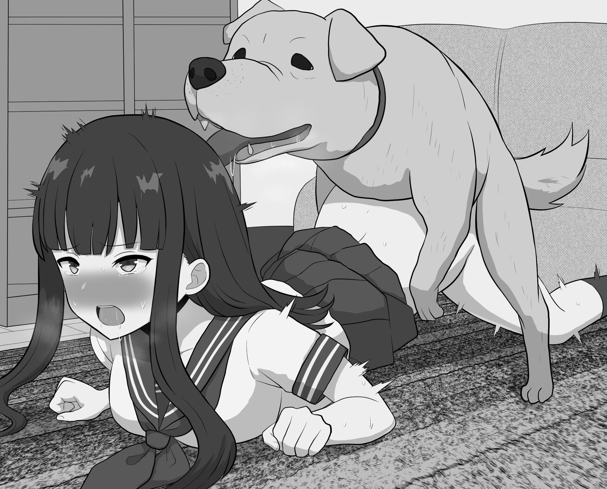 1boy, 1girls, aitsugu, animal ears, bed, bedroom, blush, canid, canine, canis, cellphone, clothed sex, dog ears, doggy style, domestic dog, female, feral, interspecies, long hair, looking at viewer, male, male/female, monochrome, open mouth, original, penetration, pussy, saliva, school uniform, schoolgirl, sex, sex from behind, tongue, tongue out, top-down bottom-up, vaginal insertion, vaginal penetration, vaginal sex, zoophilia