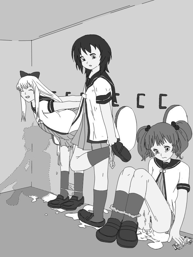 4girls akari_akaza artist_request crying cum cum_on_floor dripping_cum from_behind funami_yui glory_hole hair_ornament hair_ribbon invisible invisible_girl long_hair medium_hair monochrome multiple_girls panties panties_down short_hair tagme_(artist) ticket tied_hair toshinou_kyouko uncensored vagina wince yoshikawa_chinatsu yuruyuri