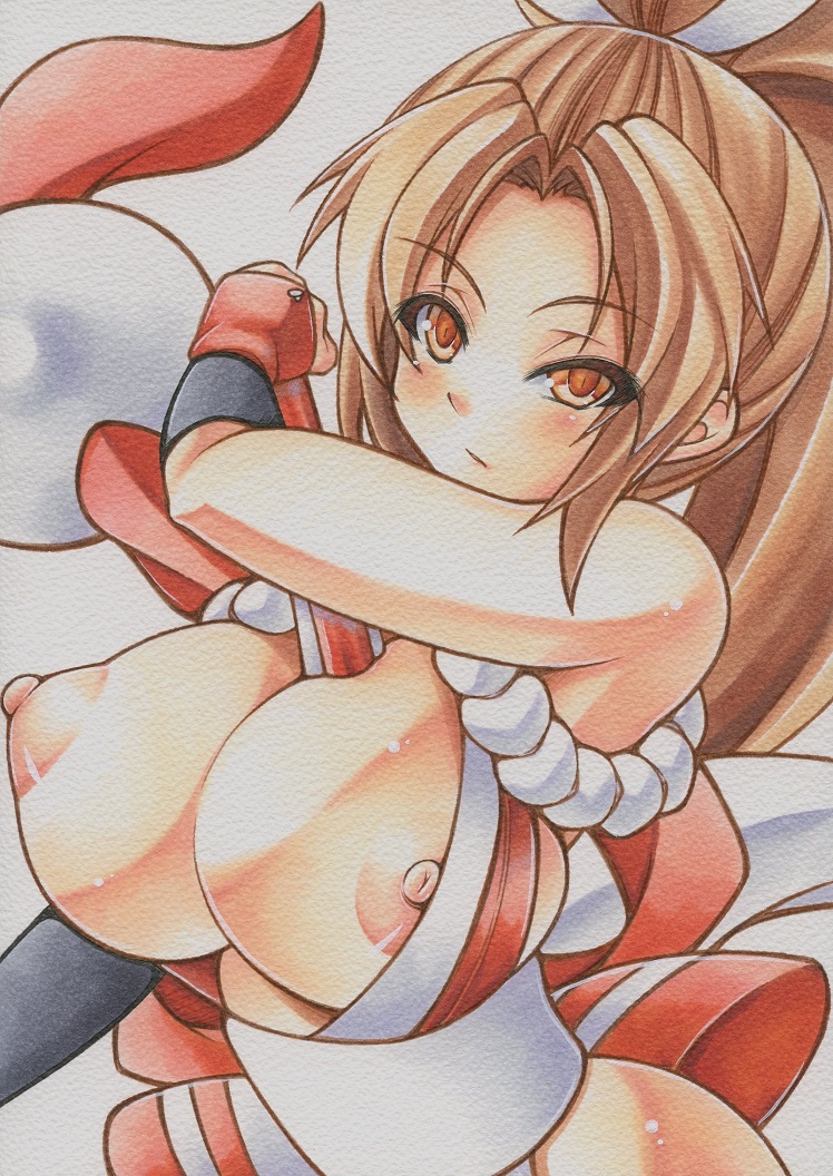 blush breasts brown_eyes brown_hair fan fatal_fury female female_only human king_of_fighters large_breasts long_hair mai_shiranui marker_(medium) mechanical_pencil millipen_(medium) nipple_slip nipples pencil ponytail revealing_clothes serious solo tied_hair traditional_media very_long_hair yutakasan-love