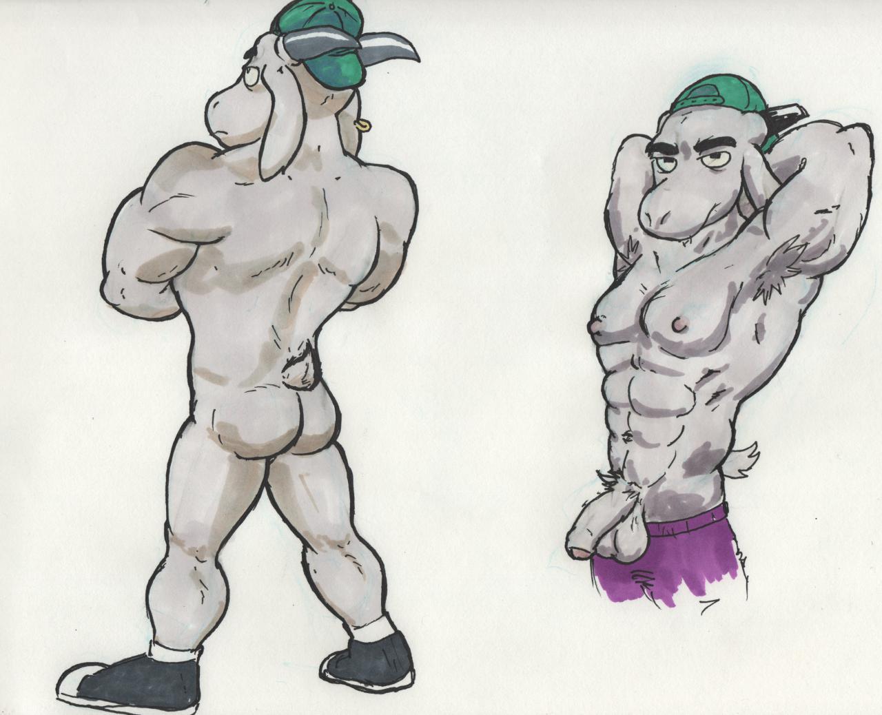 anthro ass azul_(artist) backwards_baseball_cap balls baseball_cap caprine g.o.a.t._(a.d.h.d.) goat hat humanoid_penis male male_only mammal muscular penis solo uncut