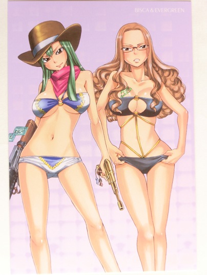 2girls bisca_connell blonde_hair evergreen_(fairy_tail) fairy_tail female female_only glasses green_hair long_hair looking_at_viewer multiple_girls navel tagme