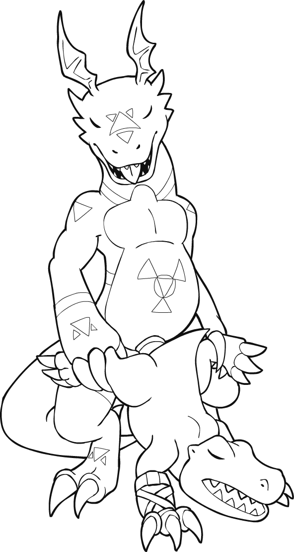 agumon buggery digimon gay guilmon interspecies line_art male male_only monochrome multiple_males no_humans yaoi