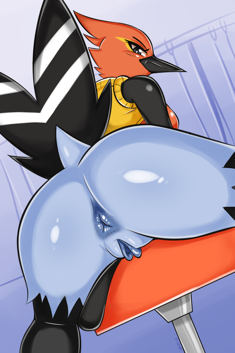 anthro anthrofied anus ass avian beak bird black_eyes blue_anus blue_background blue_pussy blush bottomless breasts chair curtains female fletchinder from_behind furry furry_only highres huge_ass indoors looking_at_viewer looking_back medium_breasts nintendo no_humans personification pokémon_(species) pokemon pokemon_(species) pussy shadowill shiny_skin shirt shirt_lift simple_background sleeveless_shirt solo spread_legs tail uncensored yellow_shirt