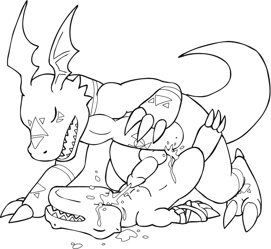 agumon anal anal_sex buggery digimon dragon gay guilmon interspecies line_art male male_only monochrome multiple_males yaoi