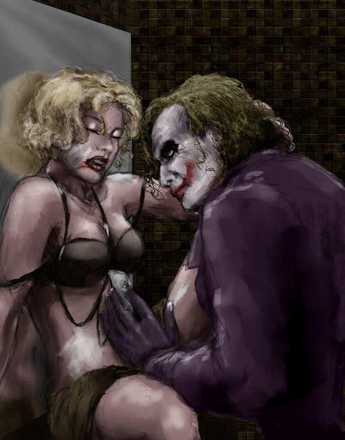 batman_(series) bra dc facepaint female gloves harley_quinn human joker male messy on_table paint sitting straight tagme the_dark_knight underwear