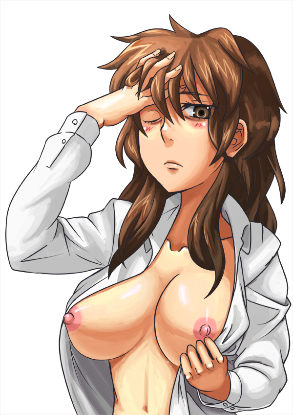 blush breasts brown_eyes brown_hair eye_bags female kiyama_harumi mimuni362 nipples pointy_chin solo to_aru_kagaku_no_railgun to_aru_majutsu_no_index