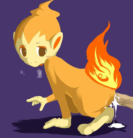 all_fours beige_skin chimchar color fiery_tail fire fur kuroinu17 male nude orange_fur pokemon pokemon_(species) purple_background round_ears side_view simple_background tail unknown_gender