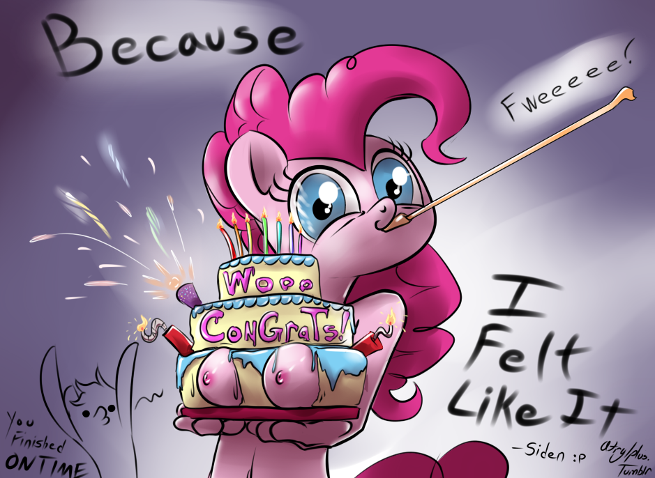 anthro blue_eyes breasts cake earth_pony equine female food friendship_is_magic front_view fur hair holding mammal my_little_pony nipples pink_fur pink_hair pinkie_pie_(mlp) pony siden straight_hair tagme tail text