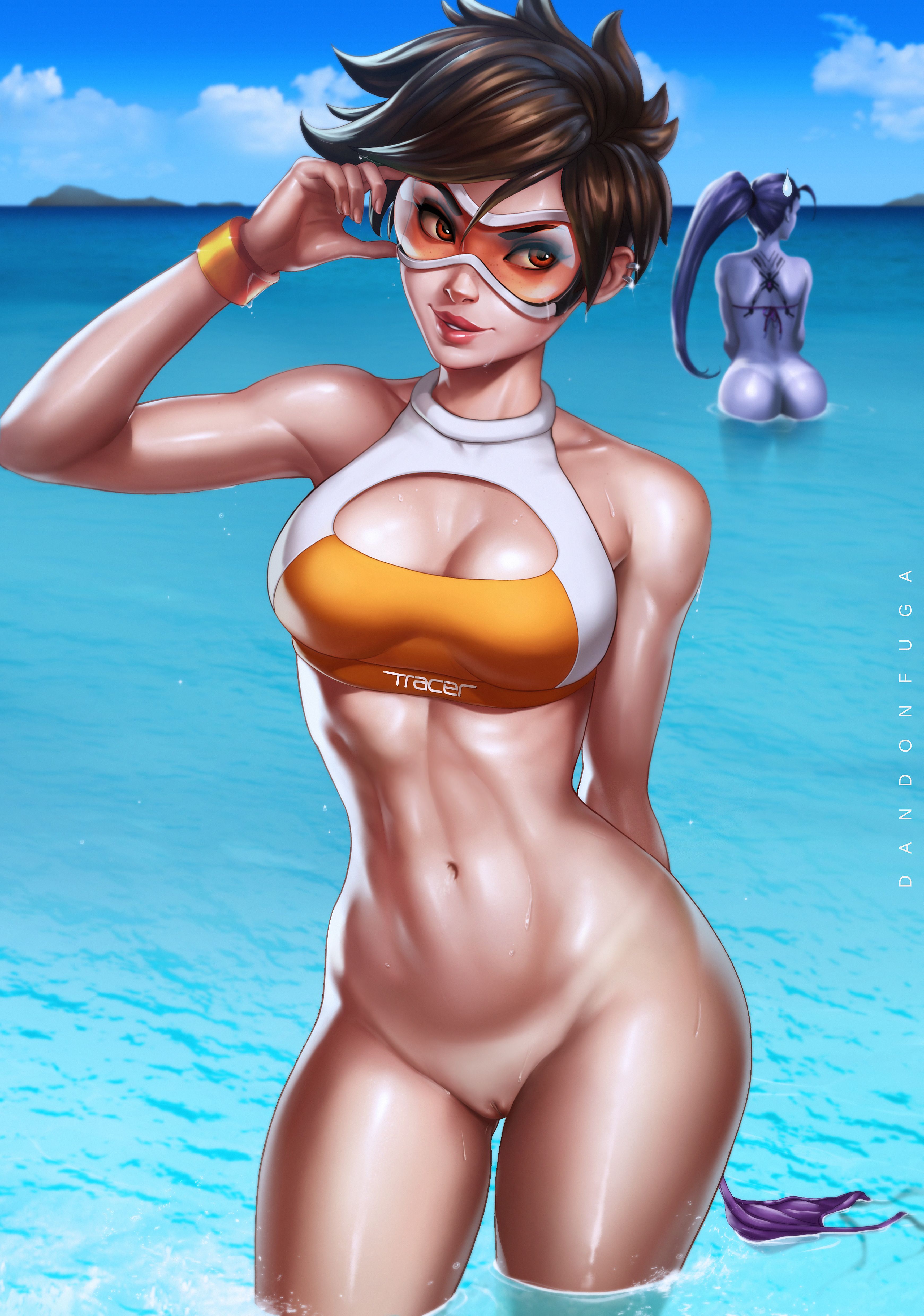 2girls, ass, blizzard entertainment, bottomless, breasts, brown eyes, brown hair, dandon fuga, female, female only, goggles, looking at viewer, outdoors, overwatch, panties, partially submerged, pussy, short hair, tanline, tracer, water, widowmaker