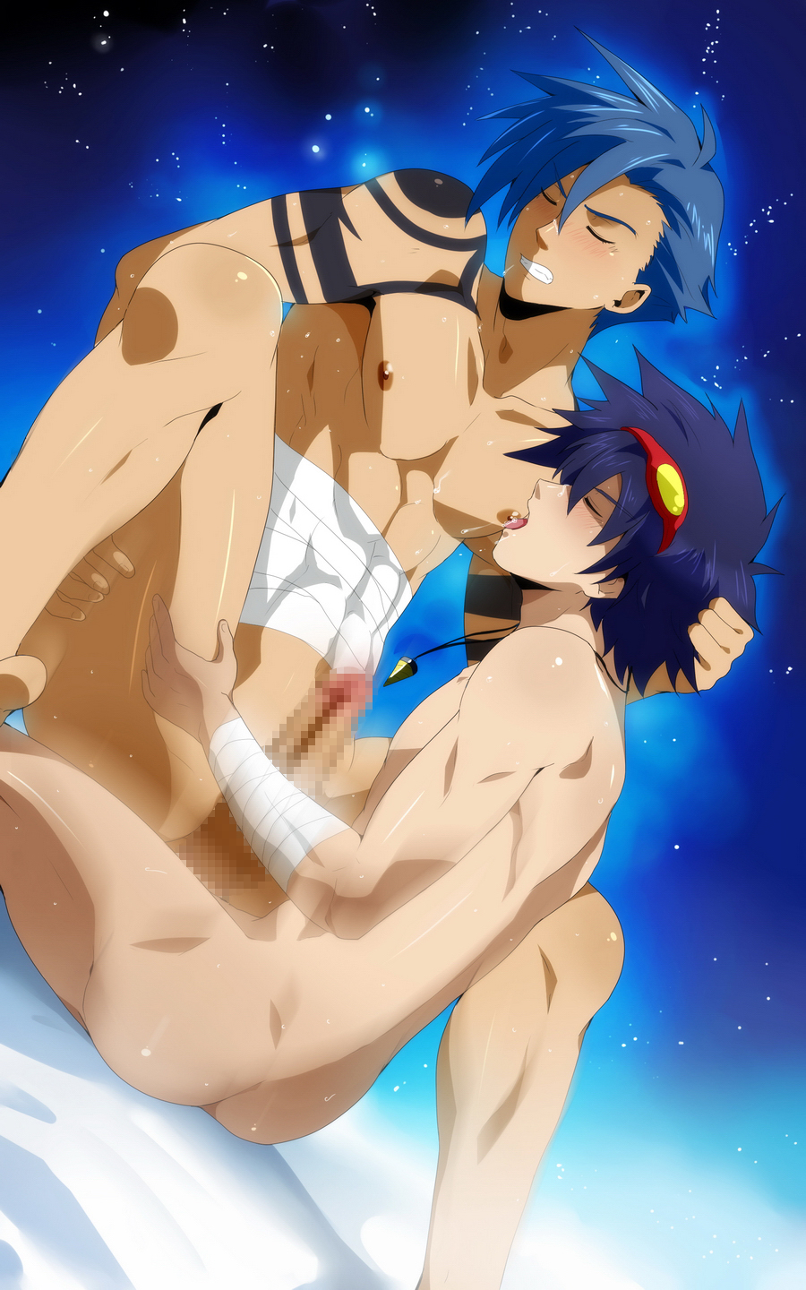 2boys anal black_monkey blackmonkey_pro blue_hair censored gay kamina male male_only multiple_boys simon_(tengen_toppa_gurren_lagann) tattoo tengen_toppa_gurren_lagann yaoi