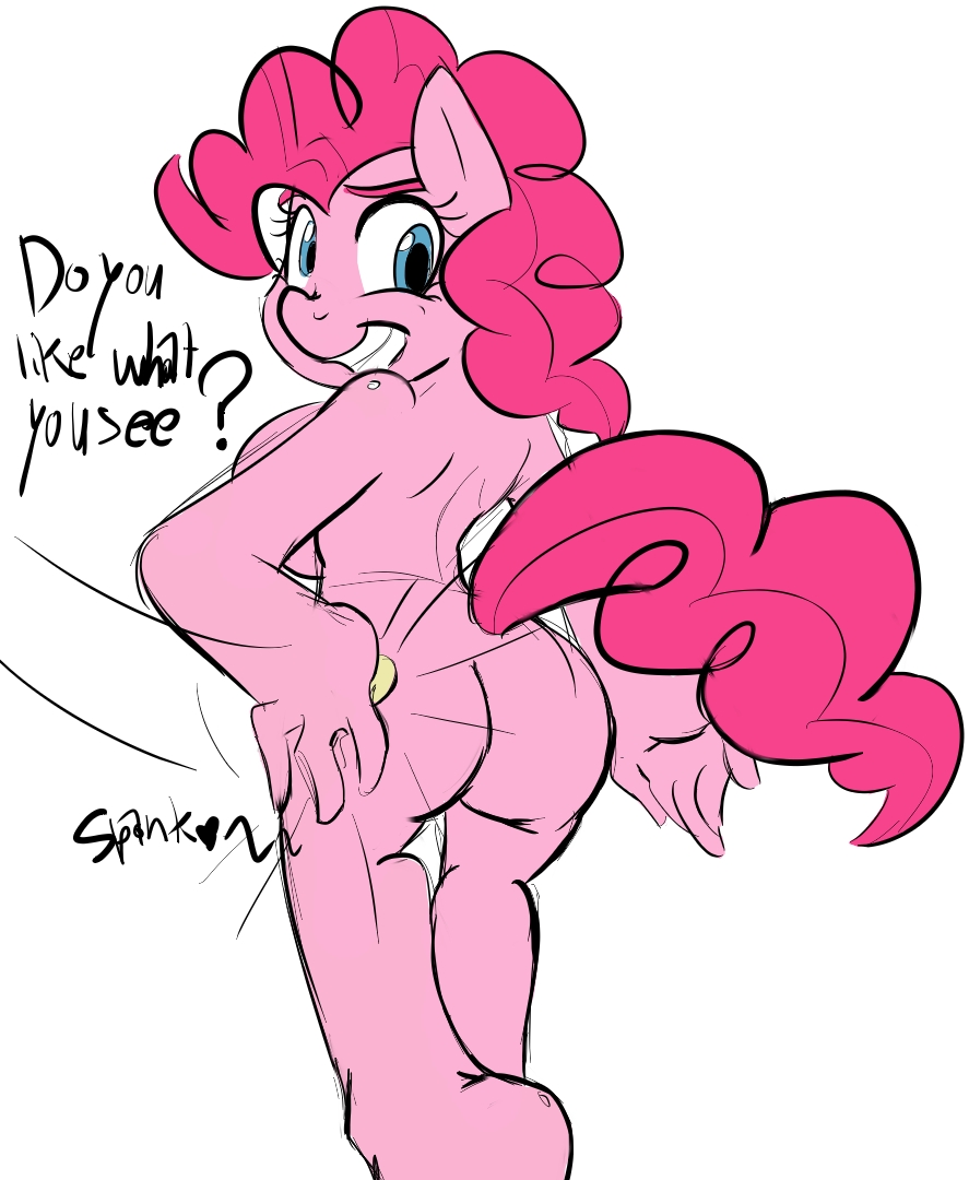 anthro ass back_view earth_pony equine female female_only friendship_is_magic fur haiku hair looking_back mammal my_little_pony nude pink_fur pink_hair pinkie_pie_(mlp) pony slap smile solo standing straight_hair tagme tail text