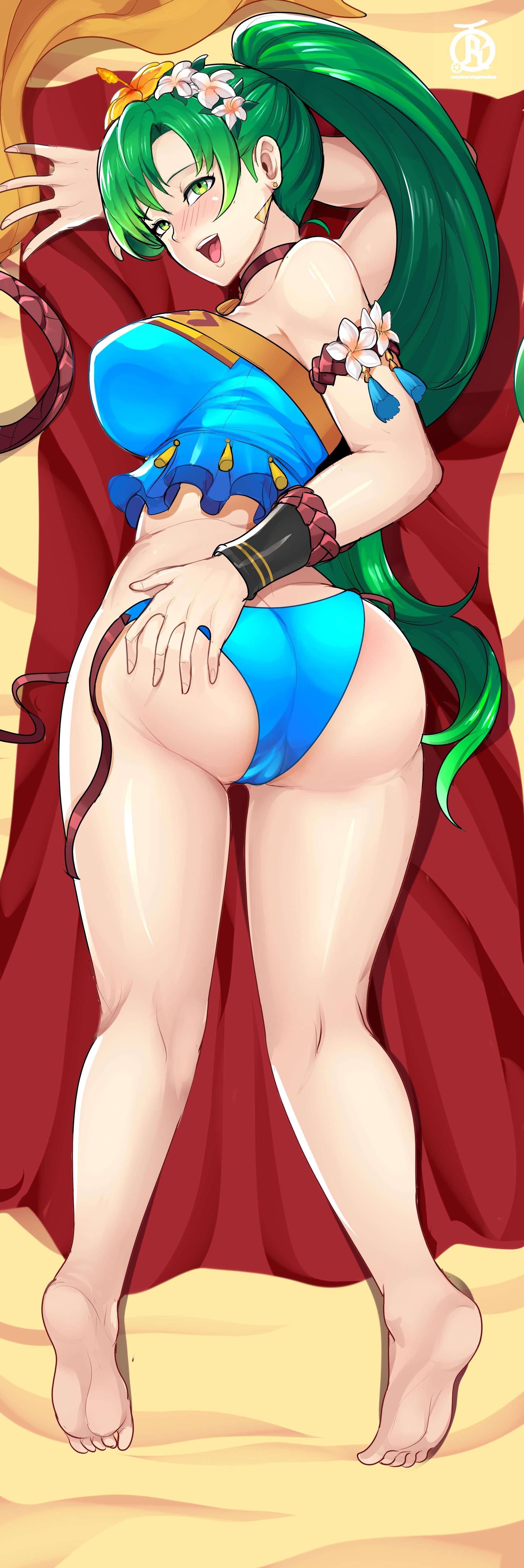 ass, back, back view, barefoot, beach, big ass, bikini, blush, breasts, dakimakura, dakimakura design, female, fire emblem, fire emblem heroes, fire emblem: the blazing blade, green eyes, green hair, large breasts, long hair, looking at viewer, lyn (fire emblem), nintendo, ponytail, revolverwingstudios, solo, solo female, towel
