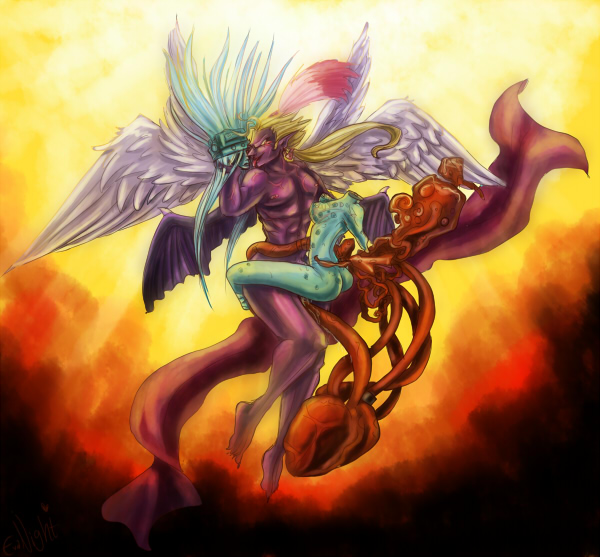 1boy 1girls abs angel_wings ass bat_wings blonde_hair breasts crossover evanight final_fantasy final_fantasy_vi final_fantasy_vii hair jenova kefka_palazzo male_nipples pecs purple_skin sex straight tongue wings