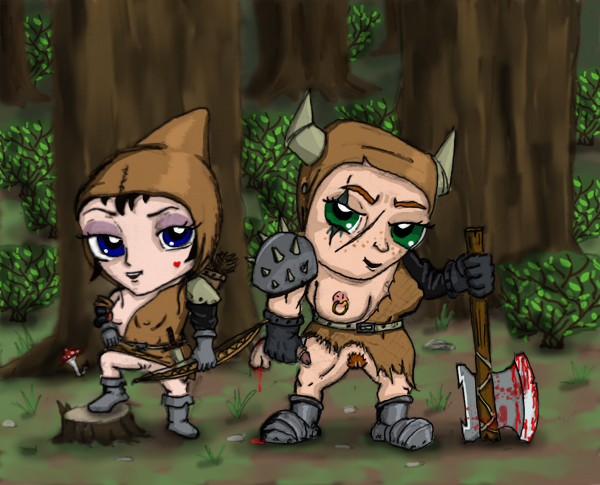 2girls archer arrow axe barbarian big_breasts blood bow bow_and_arrow breasts cleavage duo eyeshadow female female_only heart looking_at_viewer mrak nipple_piercing nipple_slip nipples nude nudity penis pubic_hair pussy scars severed_penis small_breasts vulva weapon