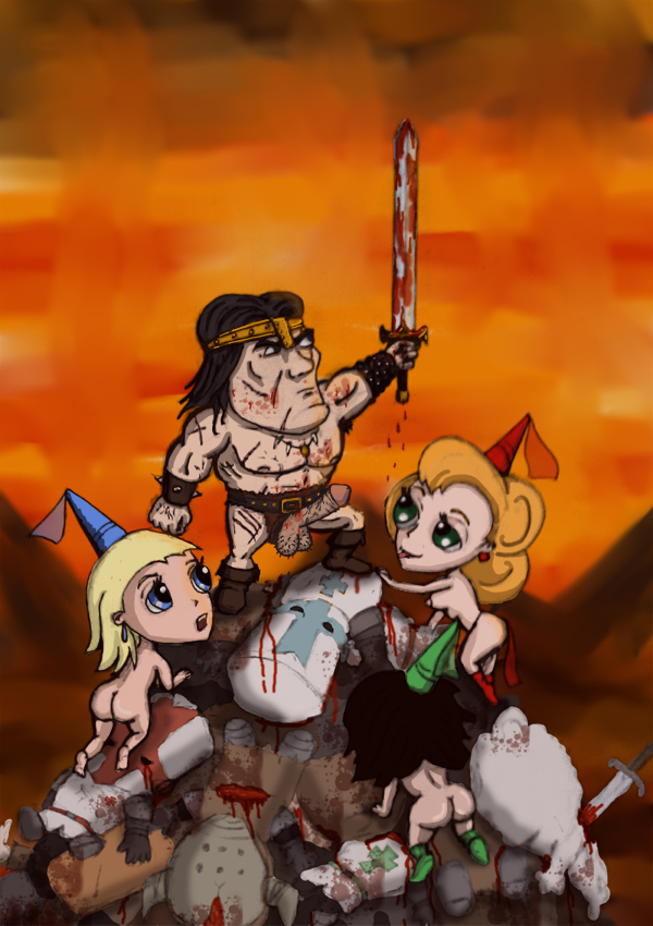 3girls abs ass big_ass blood blue_knight blue_princess_(castle_crashers) breasts castle_crashers conan conan_the_barbarian_(series) corpse crossover dat_ass female gore green_knight green_princess male mrak muscles nipples nude nudity orange_knight red_knight_(castle_crashers) red_princess sideboob sword tagme