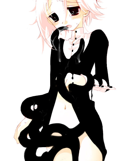 androgynous artist_request blush bottomless color crona_(soul_eater) dress_lift female girly human interspecies open_mouth partially_clothed pink_hair ragnarok_(demon_sword) rape short_hair simple_background soul_eater standing tears tentacle white_background