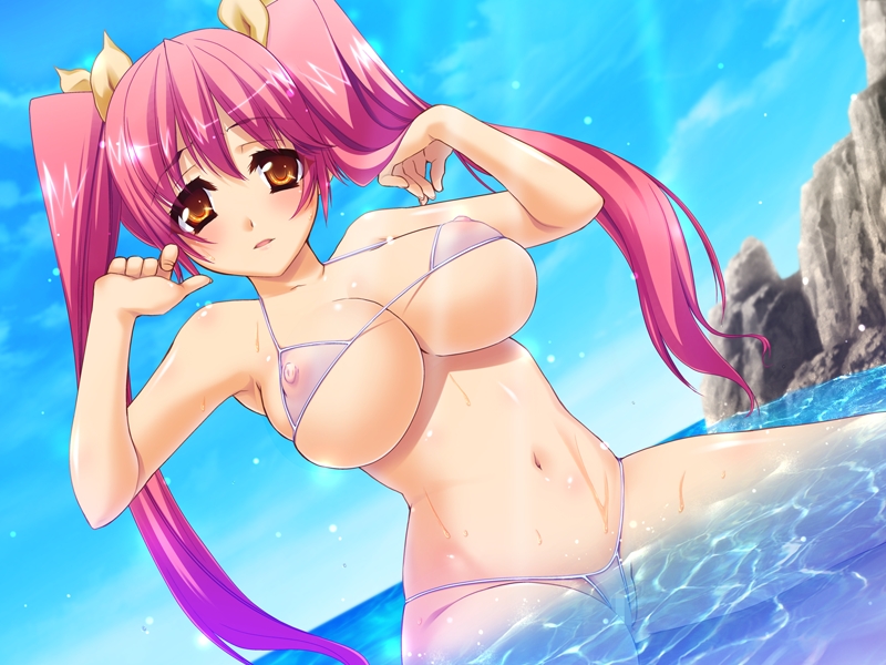 bi-chiku_beach_~nangoku_nyuujoku_satsueikai~ bikini blush breasts cleavage female game_cg hoshizaki_nanami long_hair micro_bikini nipples ocean pink_hair sea see-through source_request swimsuit tied_hair twintails