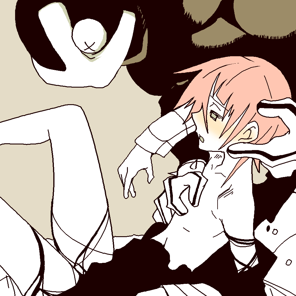 artist_request bed blush crona_(soul_eater) dubious_consent male monochrome on_back pink_hair pixel ragnarok_(demon_sword) short_hair sitting solo_focus soul_eater