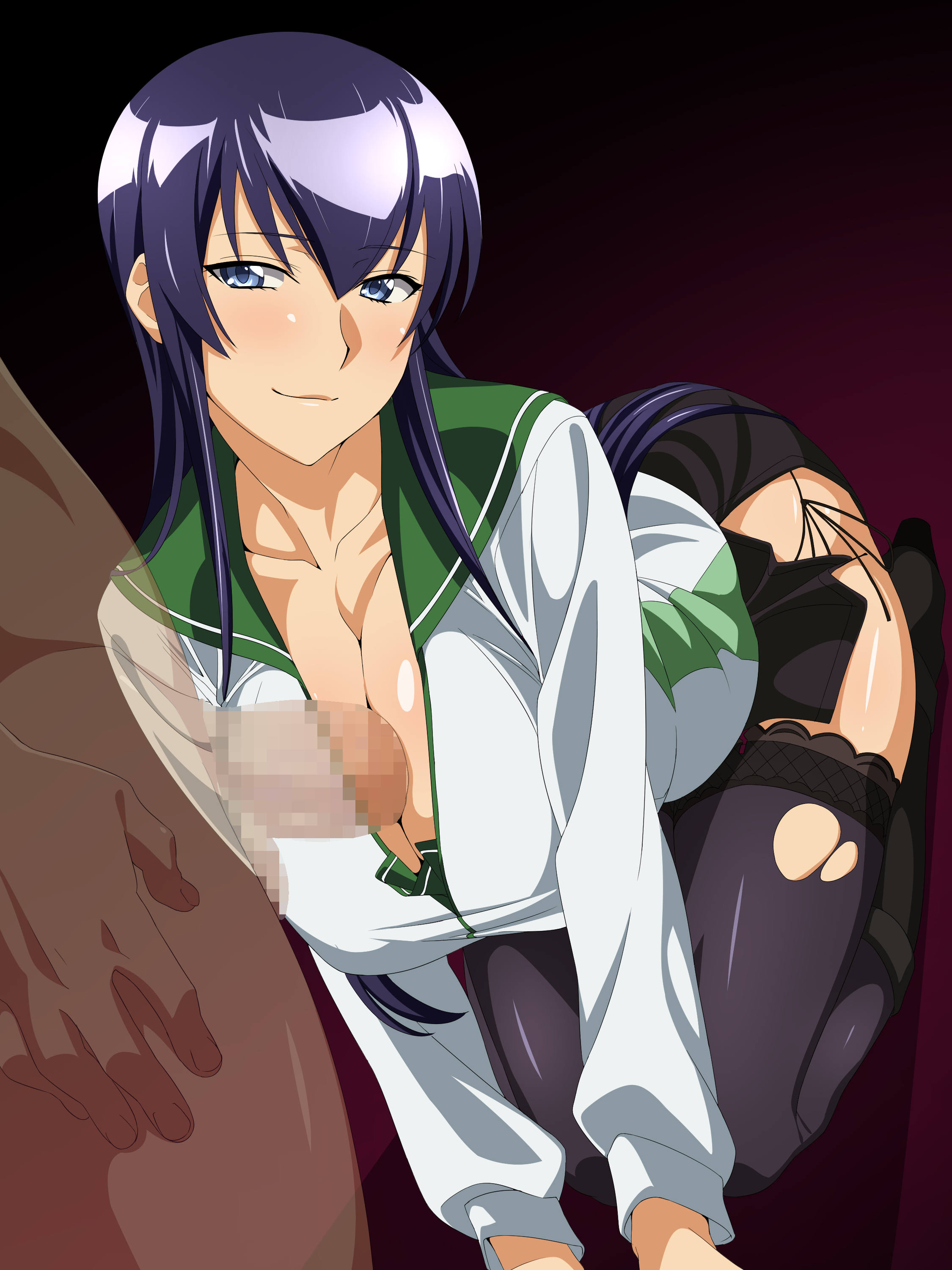 absurdres, blue eyes, blush, boots, breasts, censored, chikuishi, cleavage, female, highres, highschool of the dead, huge breasts, inverted paizuri, legs, long hair, looking at viewer, male, mosaic censoring, paizuri, penis, purple hair, reverse paizuri, saeko busujima, school uniform, simple background, sitting, skirt, smile, solo focus, straight, thighhighs, thighs
