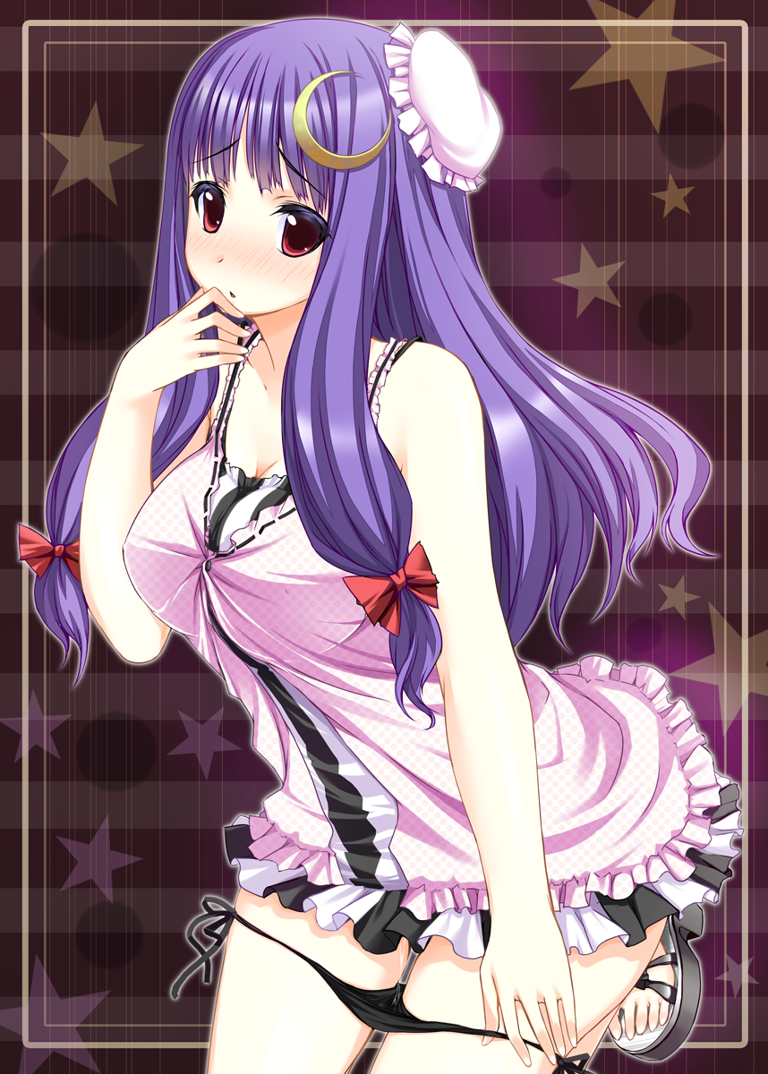 female highres kaneru long_hair panties panty_pull patchouli_knowledge purple_hair pussy_juice pussy_juice_trail red_eyes sandals side-tie_panties star striped touhou underwear wet_pussy