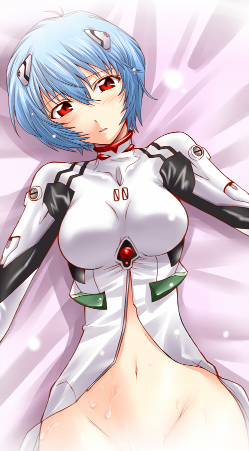 1girls blue_hair blush bottomless breasts clothing cum embarrassed eyebrows_visible_through_hair female fluids gainax hair human interface_headset large_breasts neon_genesis_evangelion pale-skinned_female pale_skin parted_lips pilot_suit plugsuit red_eyes rei_ayanami segami_daisuke short_hair small_breasts solo