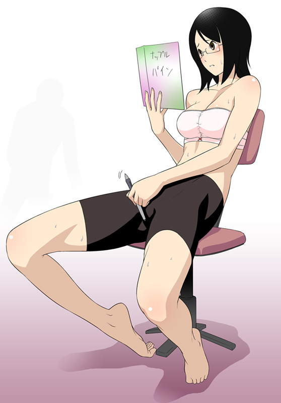 1girls bandeau bare_shoulders barefoot bike_shorts black_eyes black_hair blush book breasts chair cleavage clothed_masturbation clothing crotch_rub feet female fujiyoshi_harumi glasses masturbation midriff montesq pen sayonara_zetsubou_sensei shadow short_hair sitting solo sweat translated tubetop usui_kagerou wacom when_you_see_it