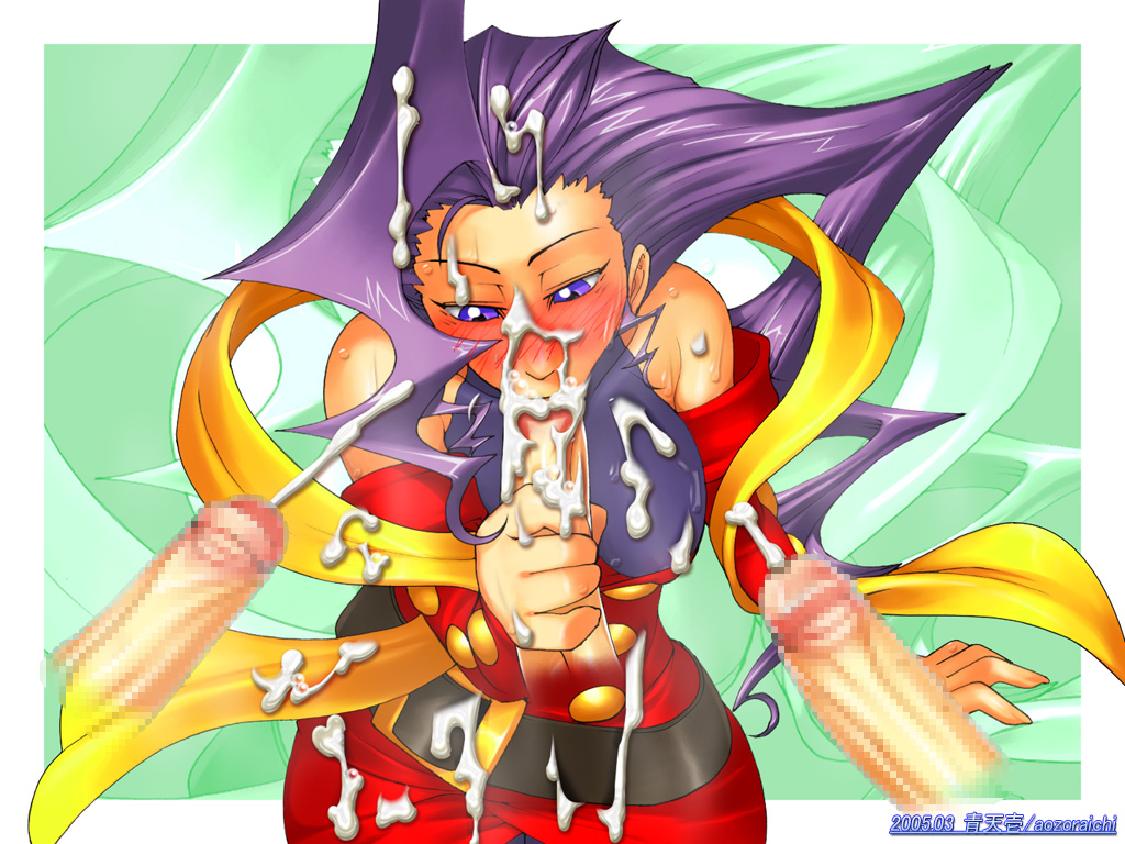 aozoraichi belt blue_eyes blush breasts bukkake censored cum cum_all_over cum_in_mouth cum_on_body cum_on_breasts cum_on_clothes cum_on_hair cum_on_upper_body dress ejaculation facial fellatio female handjob human long_hair male oral partial_male penis purple_hair rose_(street_fighter) scarf straight straight_hair street_fighter sweat