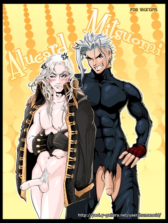 2boys alucard_(castlevania) angry bara blush castlevania coat crotchless earrings fingerless_gloves flaccid foreskin humanoid_(artist) jewelry male male_only multiple_boys muscles nude penis pubic_hair skin_tight takayanagi_mitsuomi tenjou_tenge uncircumcised yaoi