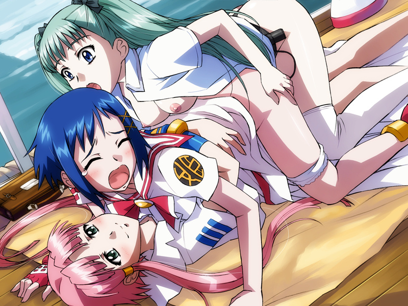 3girls aika_granzchesta_(aria) akari_mizunashi_(aria) alice_carroll_(aria) aria_(series) bottomless breasts closed_eyes clothing dildo female female_only game_cg human human_only medium_breasts moans multiple_girls nipples no_visible_genitalia sameha_ikuya strap-on threesome yuri