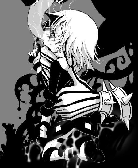androgynous black_and_white blush crona_(soul_eater) crying cum dress female french_kiss kissing monochrome ragnarok_(demon_sword) rape restrained short_hair shy soul_eater spikes tears tentacle tongue