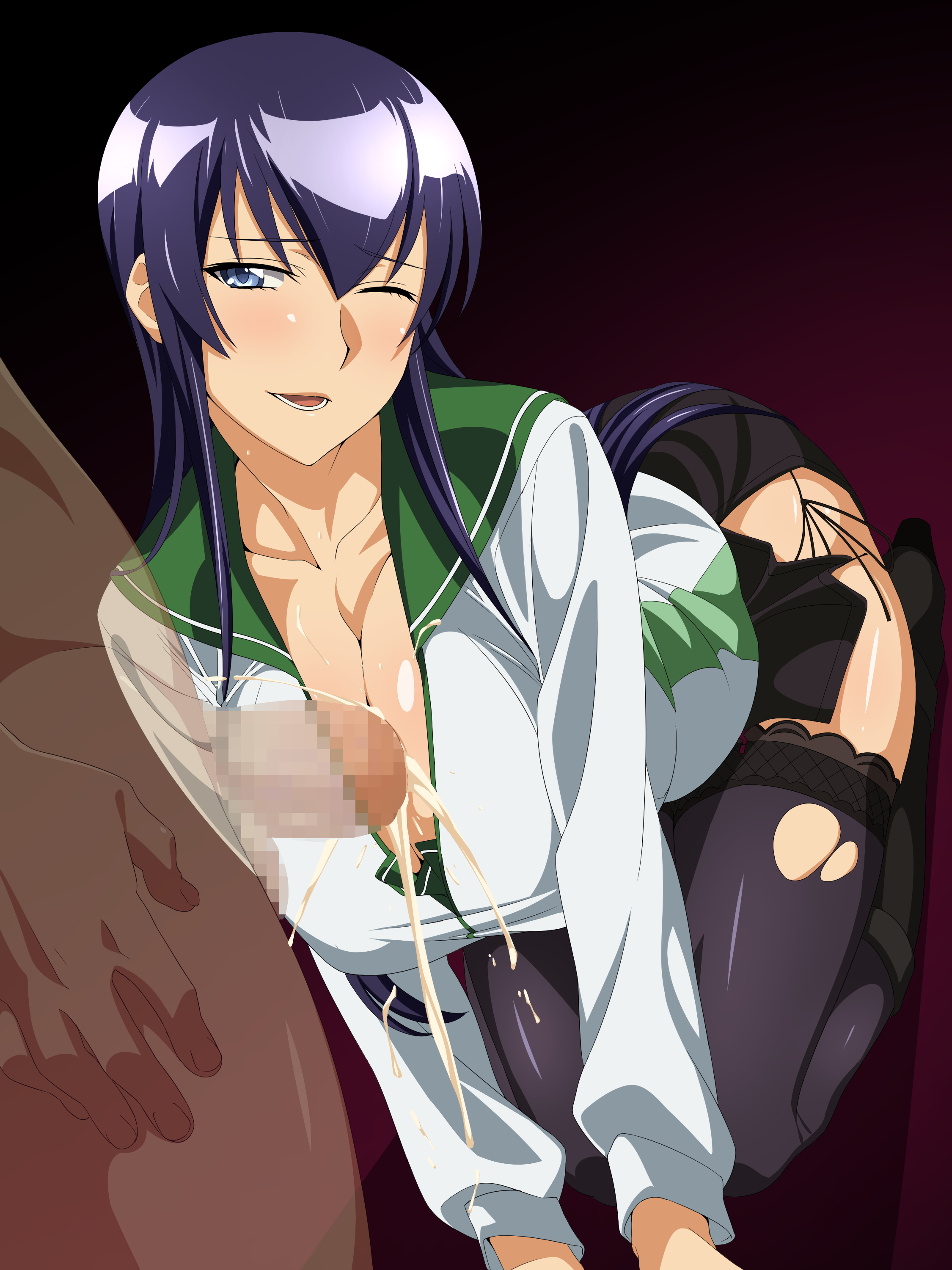 absurdres, blue eyes, blush, boots, breasts, censored, chikuishi, cleavage, cum, cum between breasts, cum on breasts, cum on upper body, ejaculation, female, highres, highschool of the dead, huge breasts, inverted paizuri, legs, long hair, looking at viewer, male, mosaic censoring, paizuri, penis, purple hair, reverse paizuri, saeko busujima, school uniform, simple background, sitting, skirt, smile, solo focus, straight, thighhighs, thighs, wince