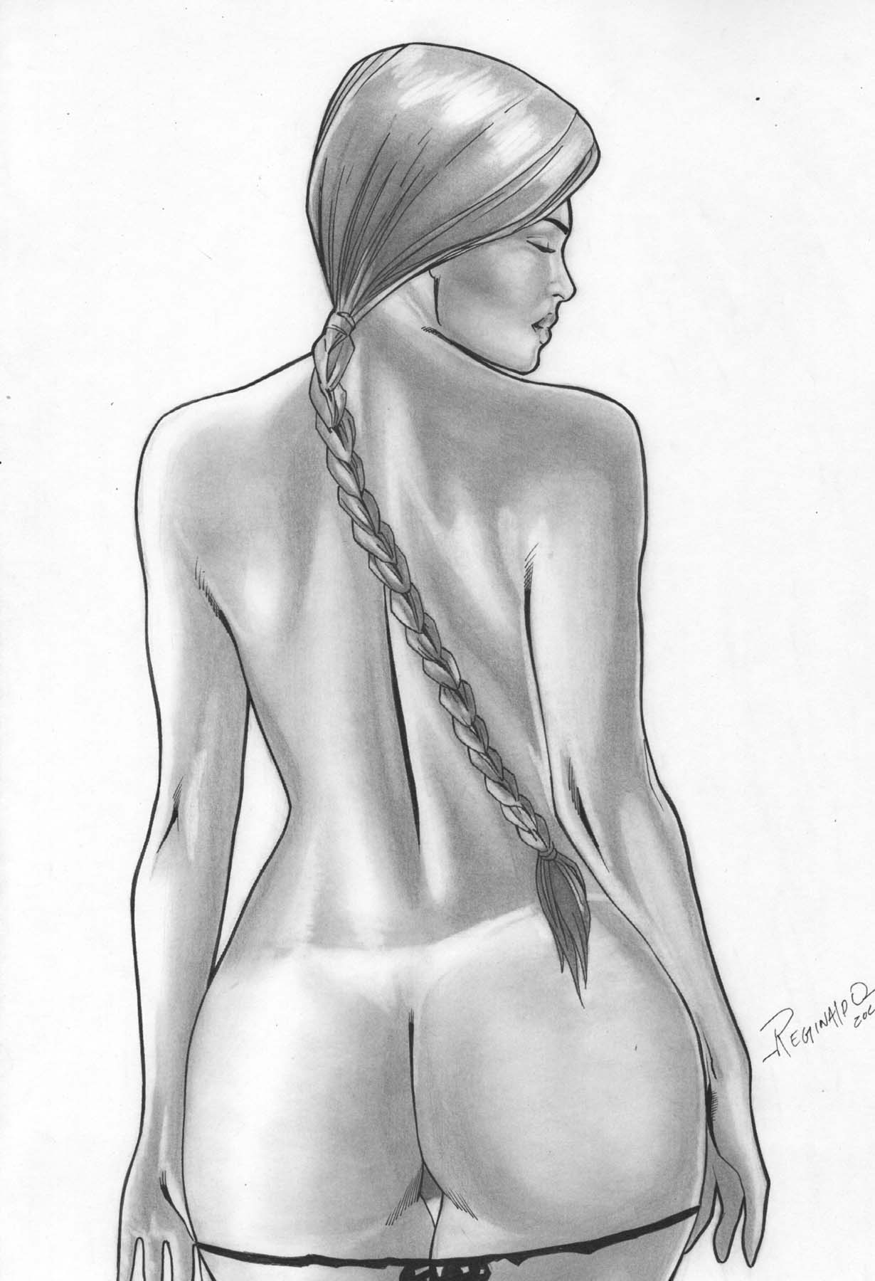 1girls ass closed_eyes dat_ass female female_only human lara_croft lara_croft_(classic) long_hair monochrome reginaldo_souza solo tomb_raider