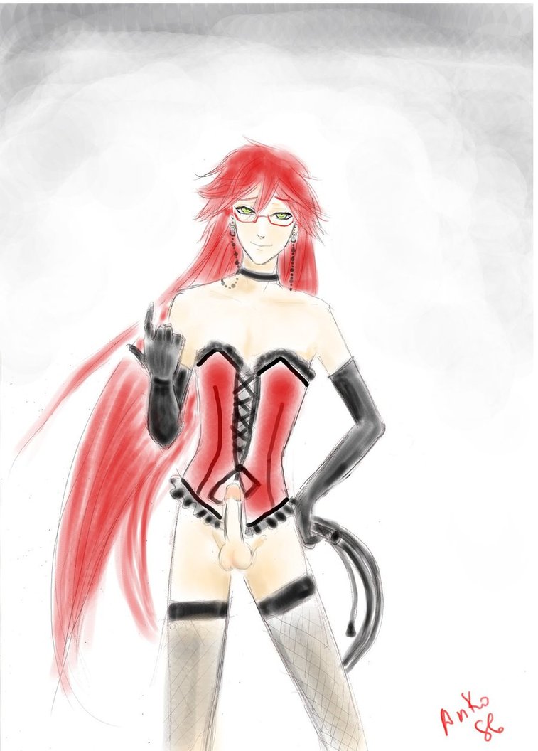 1boy black_butler corset glasses green_eyes grell_sutcliff inviting male_only partially_clothed penis red_hair solo tagme very_long_hair whip