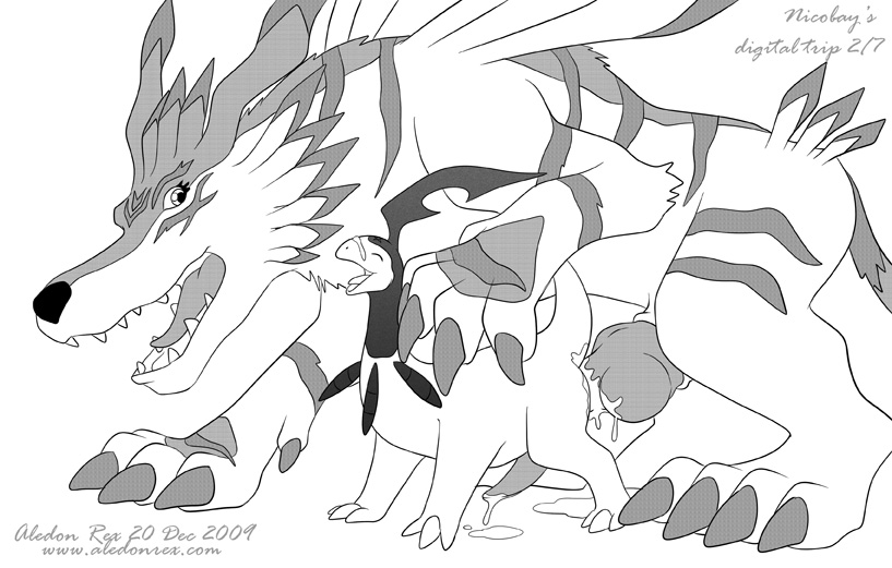 aledon_rex bayleef crossover digimon garurumon knot male monochrome multiple_males no_humans pokemon pokemon_(species) yaoi