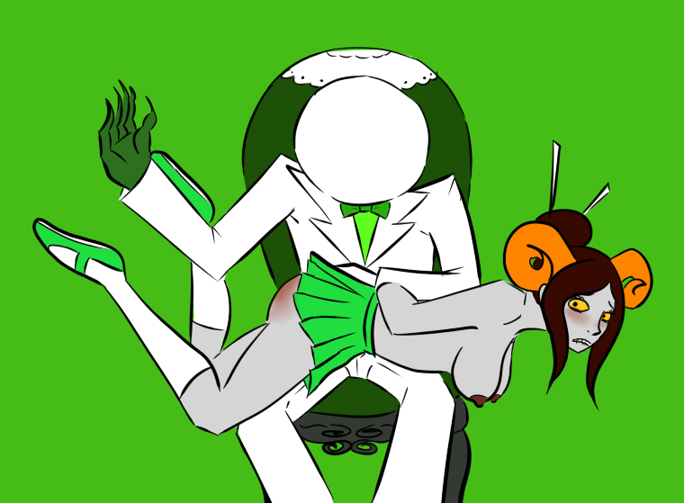 1boy 1girls 2d 2d_artwork ass biting_lip blush breasts brown_hair clothing color doc_scratch faceless_male green_background green_skin grey_skin homestuck horns ms_paint_adventures needles nipples red_nipples short_hair skirt snaxattacks spanking straight the_handmaid troll yellow_eyes