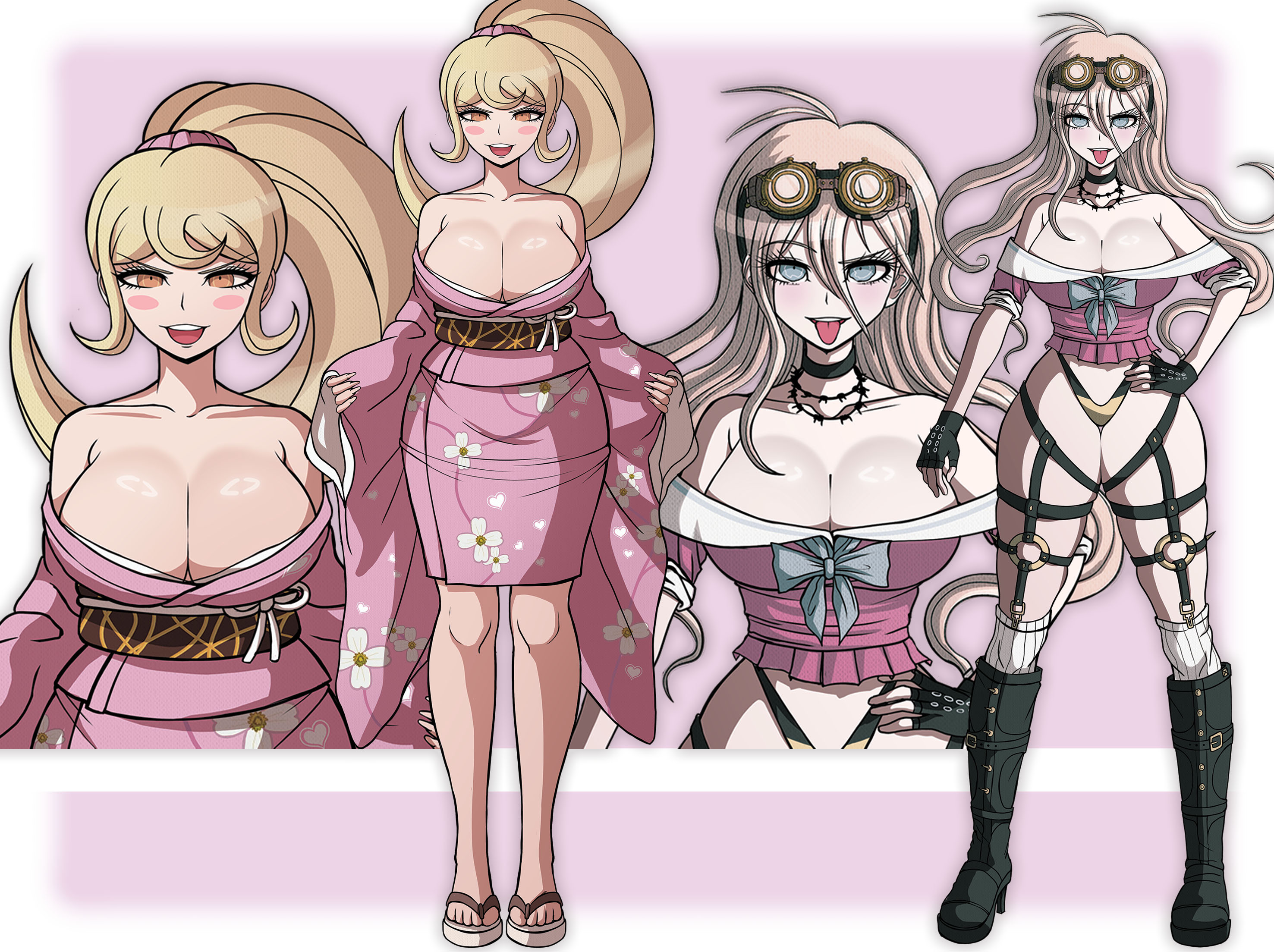2girls, bdsm gear, blonde hair, blue eyes, blue ribbon, boots, choker, cleavage, cleavage overflow, curvy, danganronpa, danganronpa 2: goodbye despair, danganronpa v3, goggles, hand on hip, huge breasts, iruma miu, kimono, middinos, midnightdindins, midriff, panties, ponytail, saionji hiyoko, sandals, school uniform, smile, smug grin, socks, thick thighs, tongue out, yellow eyes