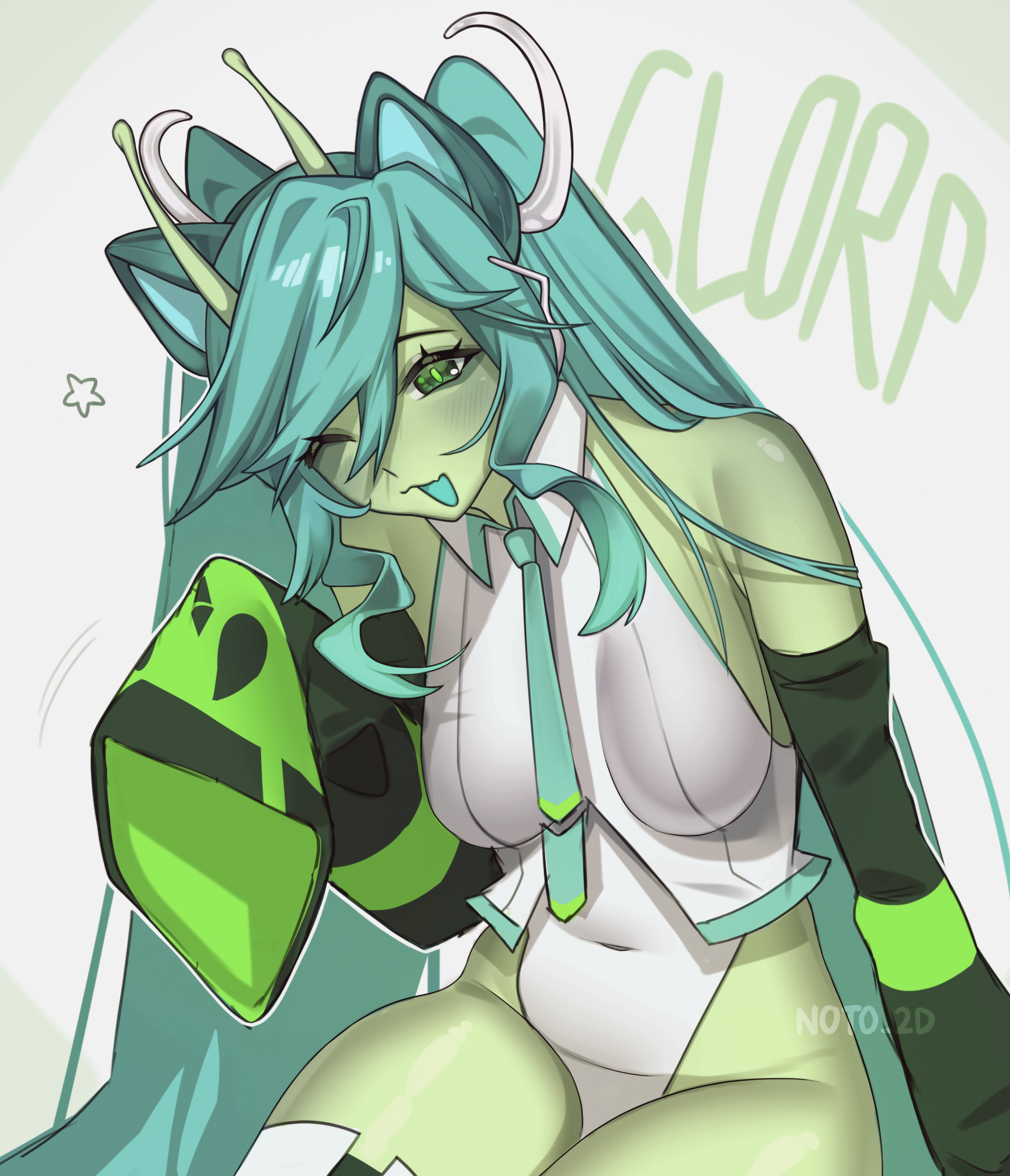 1girls, absolute territory, alien, alien girl, alien humanoid, antennae, blue hair, cat ears, cyan hair, detached sleeves, english text, glorpi miku (dyarikku), green skin, happy, hatsune miku, hips, leotard, long hair, medium breasts, noto hams, shoulders, sleeves, sleeves past wrists, smile, smiling, thighhighs, thighs, tie, very long hair, vocaloid, waist, watermark, waving, zettai ryouiki